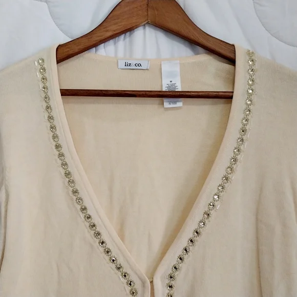 Liz & Co. Women's Size Medium Yellow Embellished Long Sleeve Cardigan - Picture 4 of 11